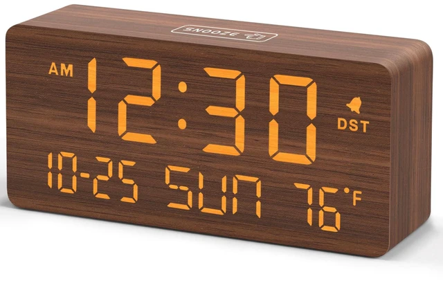Main image of Wooden Digital Alarm Clocks for Bedrooms with Date & Day of Week | Living Room Desk Clock, Temperature, USB Port, Dimmer Wheel, Adjustable Volume, Auto DST, Office Wood Decor (Plug-in)