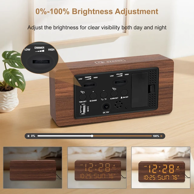 Alt view image 6 of 7 - Wooden Digital Alarm Clocks for Bedrooms with Date & Day of Week | Living Room Desk Clock, Temperature, USB Port, Dimmer Wheel, Adjustable Volume, Auto DST, Office Wood Decor (Plug-in)