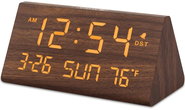 Main image of Digital Alarm Clock for Bedrooms - Wooden Desk Clock with Date | Day of Week, USB Port, Temperature, Dimmer for Bedside Table, Living Room, Office, Adjustable Volume, Auto DST, Wood Decor
