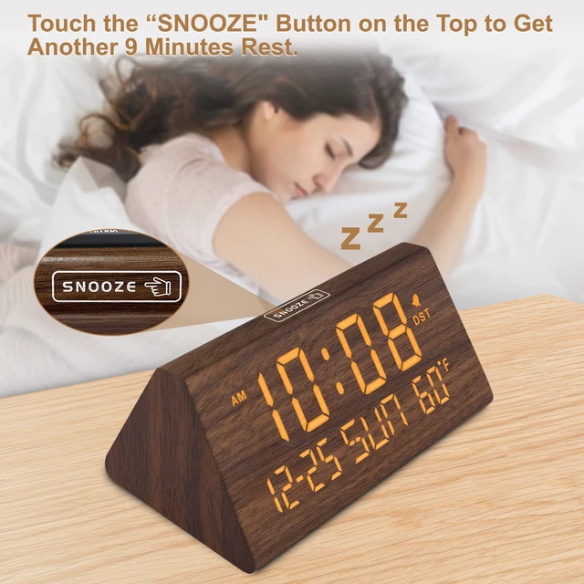 Alt view image 3 of 6 - Digital Alarm Clock for Bedrooms - Wooden Desk Clock with Date | Day of Week, USB Port, Temperature, Dimmer for Bedside Table, Living Room, Office, Adjustable Volume, Auto DST, Wood Decor