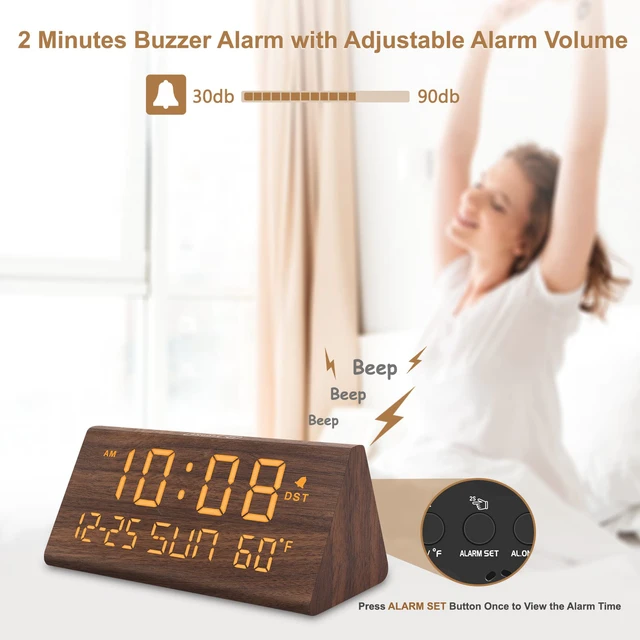 Alt view image 4 of 6 - Digital Alarm Clock for Bedrooms - Wooden Desk Clock with Date | Day of Week, USB Port, Temperature, Dimmer for Bedside Table, Living Room, Office, Adjustable Volume, Auto DST, Wood Decor