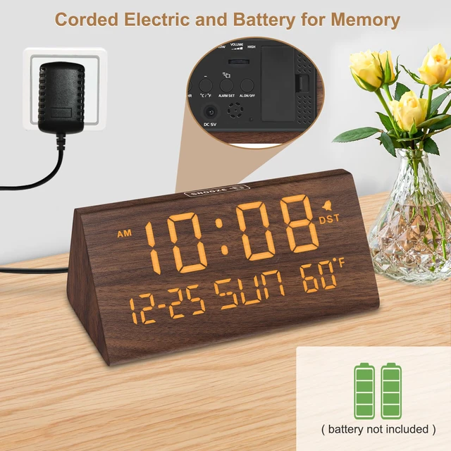 Alt view image 2 of 6 - Digital Alarm Clock for Bedrooms - Wooden Desk Clock with Date | Day of Week, USB Port, Temperature, Dimmer for Bedside Table, Living Room, Office, Adjustable Volume, Auto DST, Wood Decor
