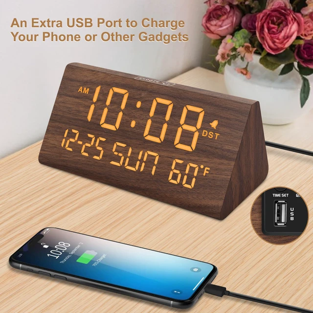 Alt view image 5 of 6 - Digital Alarm Clock for Bedrooms - Wooden Desk Clock with Date | Day of Week, USB Port, Temperature, Dimmer for Bedside Table, Living Room, Office, Adjustable Volume, Auto DST, Wood Decor
