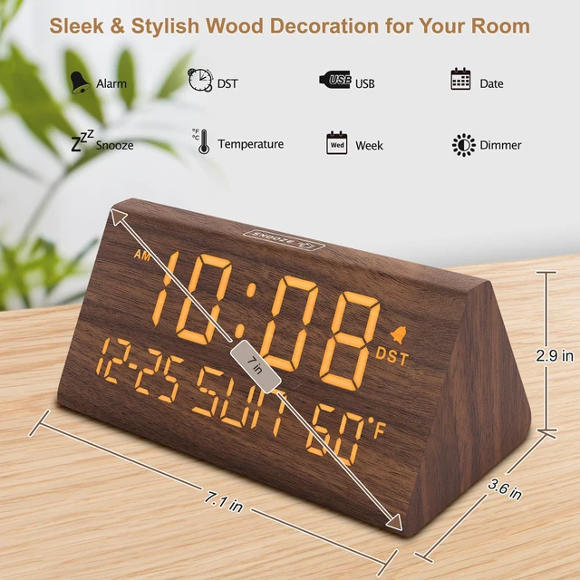 Alt view image 6 of 6 - Digital Alarm Clock for Bedrooms - Wooden Desk Clock with Date | Day of Week, USB Port, Temperature, Dimmer for Bedside Table, Living Room, Office, Adjustable Volume, Auto DST, Wood Decor