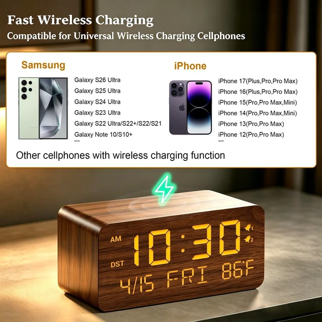 Alt view image 4 of 7 - Premium Brown Wooden Digital Alarm Clock with Wireless Phone Charger, Dual USB Charging Ports, Dimmable LED Display, Date and Day of Week, Small Digital Desk Clock for Bedroom Nightstand Bedside Table