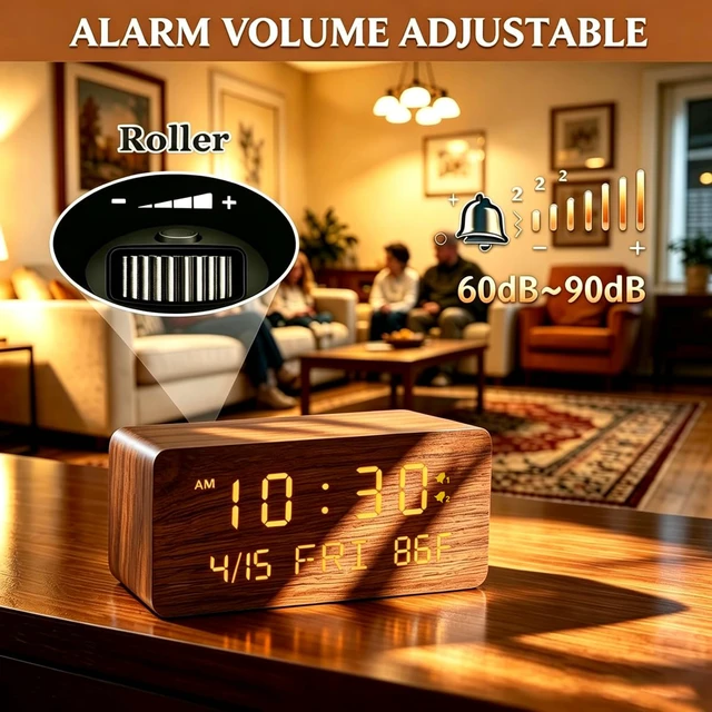 Alt view image 6 of 7 - Premium Brown Wooden Digital Alarm Clock with Wireless Phone Charger, Dual USB Charging Ports, Dimmable LED Display, Date and Day of Week, Small Digital Desk Clock for Bedroom Nightstand Bedside Table