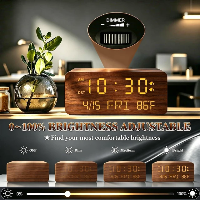 Alt view image 5 of 7 - Premium Brown Wooden Digital Alarm Clock with Wireless Phone Charger, Dual USB Charging Ports, Dimmable LED Display, Date and Day of Week, Small Digital Desk Clock for Bedroom Nightstand Bedside Table