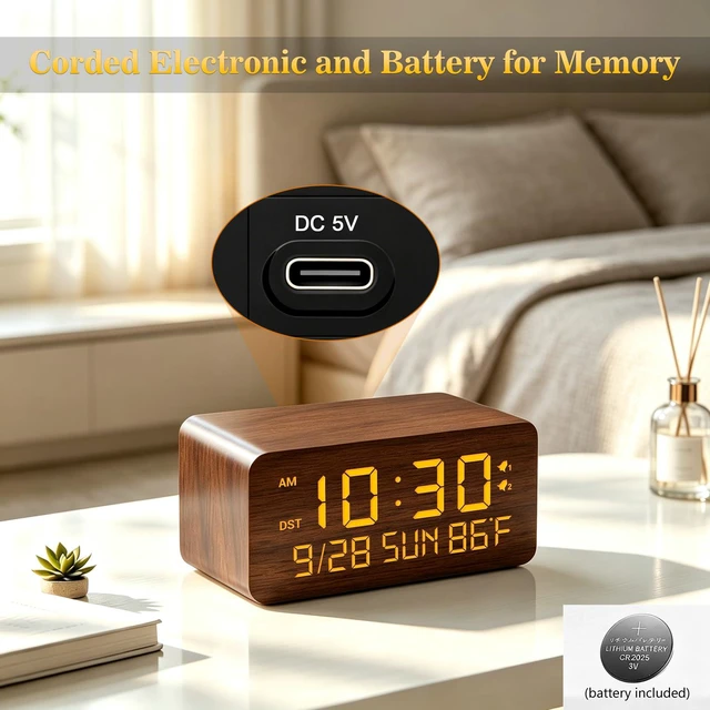 Alt view image 2 of 7 - Premium Brown Wooden Digital Alarm Clock with Wireless Phone Charger, Dual USB Charging Ports, Dimmable LED Display, Date and Day of Week, Small Digital Desk Clock for Bedroom Nightstand Bedside Table