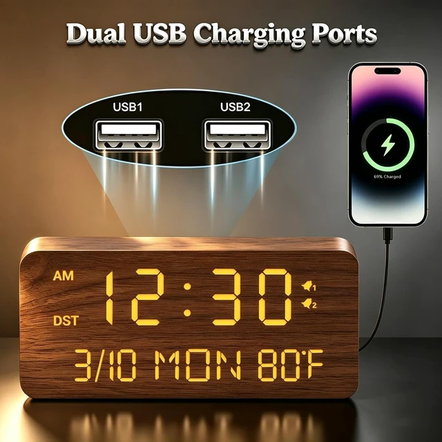 Alt view image 3 of 7 - Premium Brown Wooden Digital Alarm Clock with Wireless Phone Charger, Dual USB Charging Ports, Dimmable LED Display, Date and Day of Week, Small Digital Desk Clock for Bedroom Nightstand Bedside Table