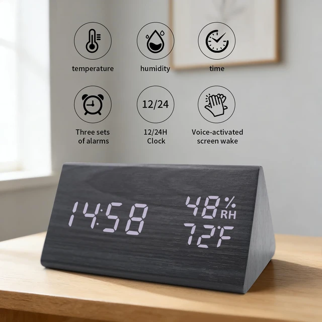 Alt view image 2 of 6 - Wooden Digital Alarm Clocks for Bedrooms - Electric Desk Clock with Large Numbers, USB Port, Loud Alarm for Heavy Sleepers, Adjustable Volume, Dimmer, Snooze, DST, Wood Décor, Adapter Powered