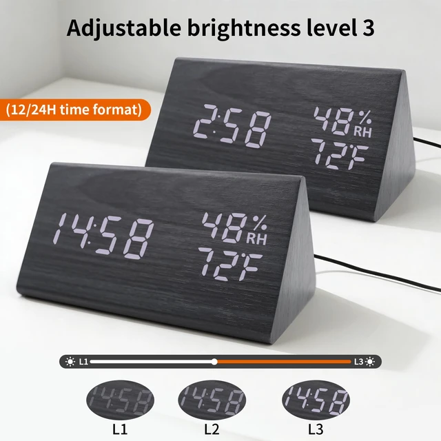Alt view image 4 of 6 - Wooden Digital Alarm Clocks for Bedrooms - Electric Desk Clock with Large Numbers, USB Port, Loud Alarm for Heavy Sleepers, Adjustable Volume, Dimmer, Snooze, DST, Wood Décor, Adapter Powered