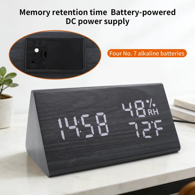 Alt view image 5 of 6 - Wooden Digital Alarm Clocks for Bedrooms - Electric Desk Clock with Large Numbers, USB Port, Loud Alarm for Heavy Sleepers, Adjustable Volume, Dimmer, Snooze, DST, Wood Décor, Adapter Powered