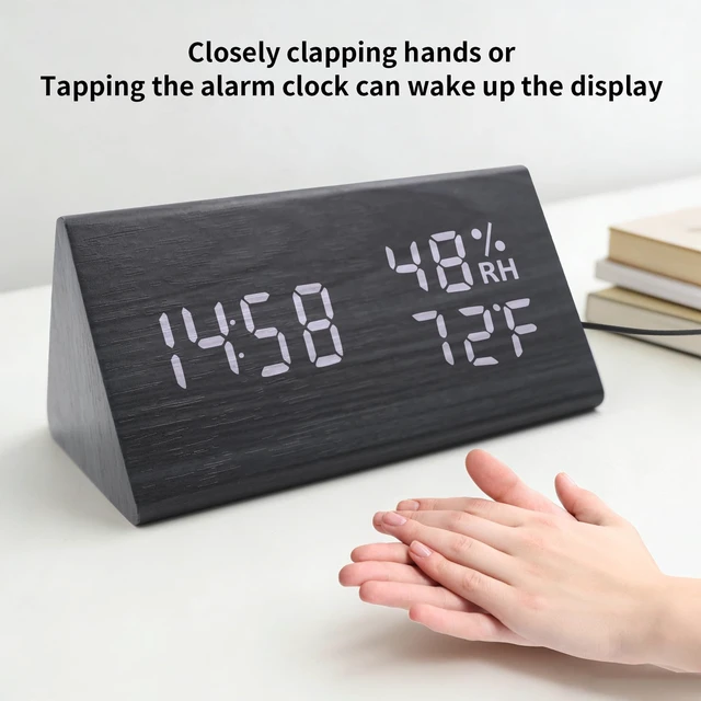 Alt view image 6 of 6 - Wooden Digital Alarm Clocks for Bedrooms - Electric Desk Clock with Large Numbers, USB Port, Loud Alarm for Heavy Sleepers, Adjustable Volume, Dimmer, Snooze, DST, Wood Décor, Adapter Powered