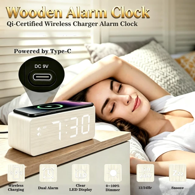 Alt view image 2 of 7 - Wooden Digital Alarm Clock, 10W Fast Wireless Charger Station & 2 USB Charging Ports, with 0~99% Dimmer, Dual Alarm, Weekday/Weekend Mode, Wood LED Clock for Bedroom, Desk, Office