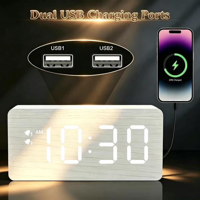 Alt view image 3 of 7 - Wooden Digital Alarm Clock, 10W Fast Wireless Charger Station & 2 USB Charging Ports, with 0~99% Dimmer, Dual Alarm, Weekday/Weekend Mode, Wood LED Clock for Bedroom, Desk, Office
