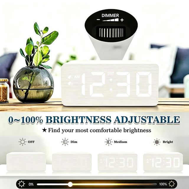 Alt view image 5 of 7 - Wooden Digital Alarm Clock, 10W Fast Wireless Charger Station & 2 USB Charging Ports, with 0~99% Dimmer, Dual Alarm, Weekday/Weekend Mode, Wood LED Clock for Bedroom, Desk, Office