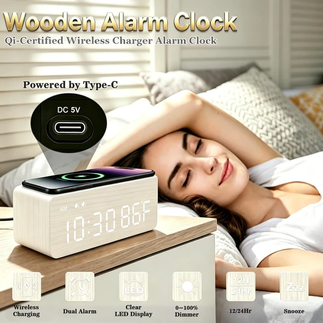 Alt view image 2 of 7 - Premium White Wooden Digital Alarm Clock with Wireless Charging Pad, Time & Temperature Display, Dual Alarms & Snooze, Dimmable, Small LED Desk Clock for Bedroom Nightstand Bedside Living Room Table