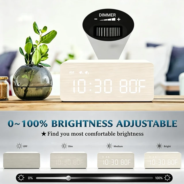 Alt view image 4 of 7 - Premium White Wooden Digital Alarm Clock with Wireless Charging Pad, Time & Temperature Display, Dual Alarms & Snooze, Dimmable, Small LED Desk Clock for Bedroom Nightstand Bedside Living Room Table