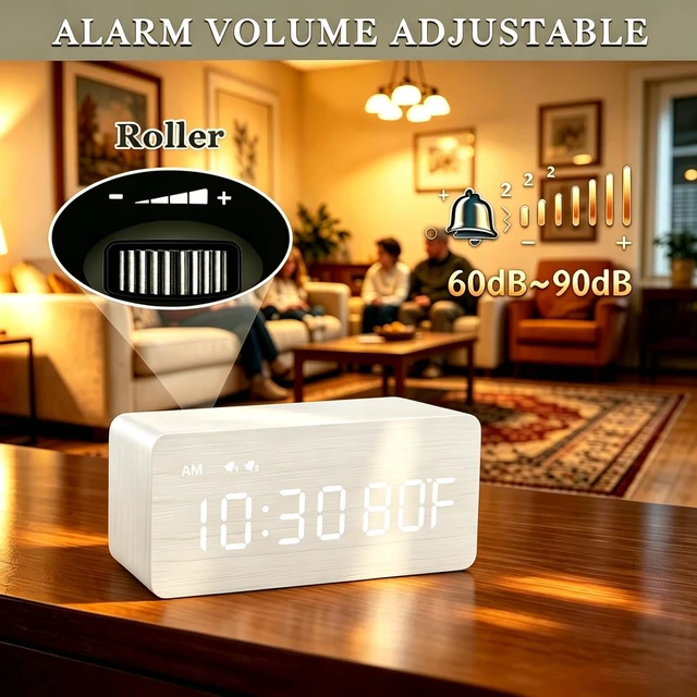 Alt view image 6 of 7 - Premium White Wooden Digital Alarm Clock with Wireless Charging Pad, Time & Temperature Display, Dual Alarms & Snooze, Dimmable, Small LED Desk Clock for Bedroom Nightstand Bedside Living Room Table