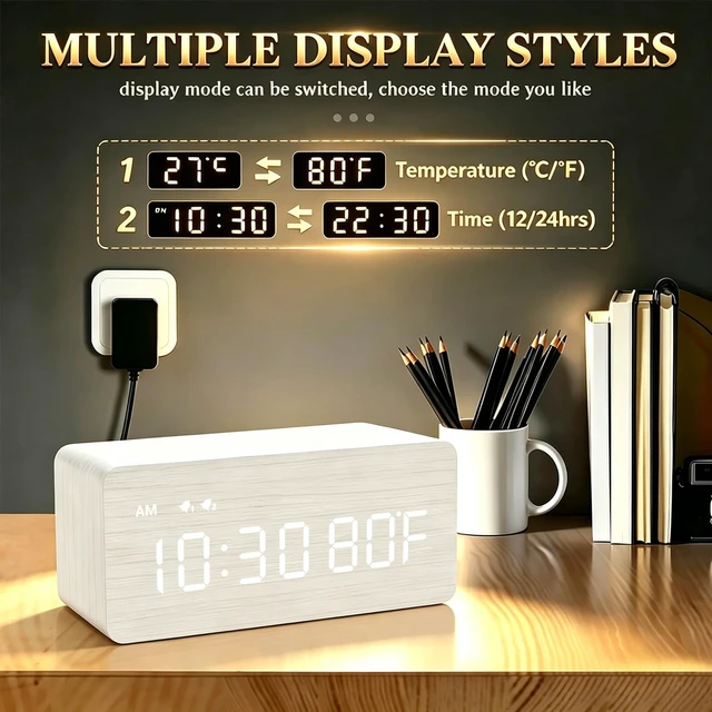 Alt view image 7 of 7 - Premium White Wooden Digital Alarm Clock with Wireless Charging Pad, Time & Temperature Display, Dual Alarms & Snooze, Dimmable, Small LED Desk Clock for Bedroom Nightstand Bedside Living Room Table