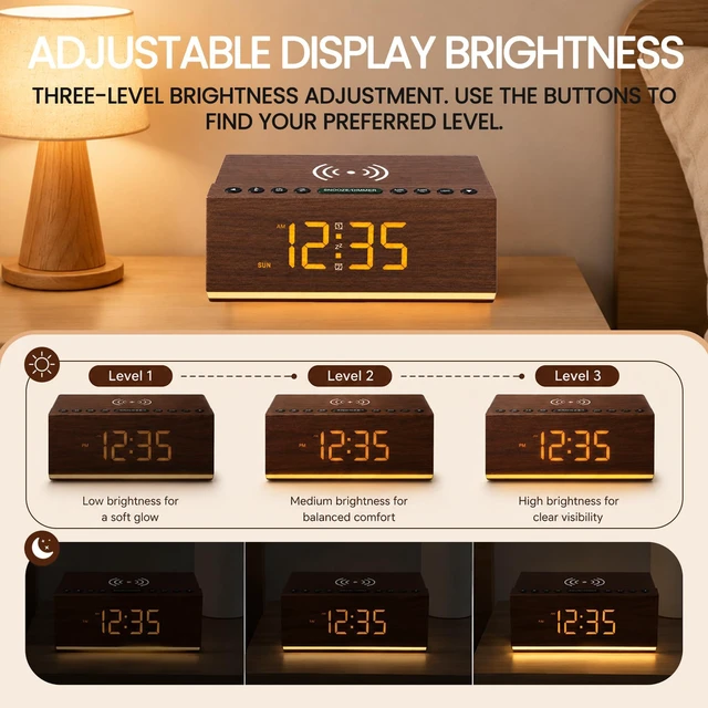 Alt view image 2 of 5 - Hoifen Wooden Digital Alarm Clock, Wireless Charging & Bluetooth Speaker | FM Radio, Night Light, Auto Time Sync, Dual Alarms, USB Port, 9-Min Snooze, Bedroom Desk Bedside Home Decor Gift