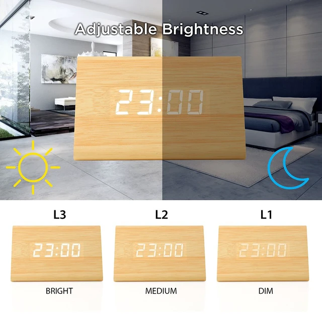 Alt view image 4 of 6 - Wooden Wood Clock, New Version LED Alarm Digital Desk Clock Adjustable Brightness, Alarm Time, Displays Time Date Temperature - Bamboo