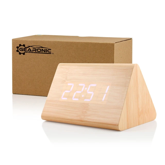 Alt view image 5 of 7 - Digital Alarm Clock Wooden Alarm Clock Wood Modern Triangle Alarm Digital Desk Clock, Displays Time Date Temperature Calendar Wood Made Electric Clocks for Bedroom, Bedside - Bamboo