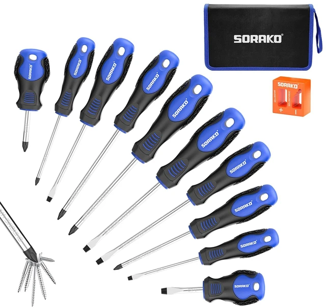 Main image of 12 Piece Magnetic Screwdriver Set 5 Phillips and 5 Flat 1 Magnetising Tool 1 Storage Bag Professional Cushion Grip Hand Tools Set for Fastening and Loosening Seized