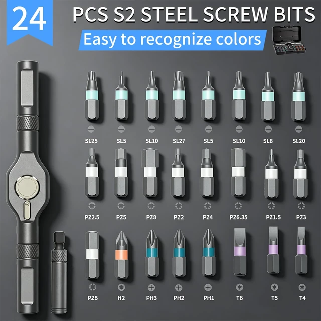 Alt view image 3 of 7 - 24 in 1 Magnetic Screwdriver Set, DIY Ratchet Screwdriver Set | Multifunctional Toolbox with Detachable Ratchet Handle, Portable Precision Repair Tool Kit for Furniture Computer Bicycle