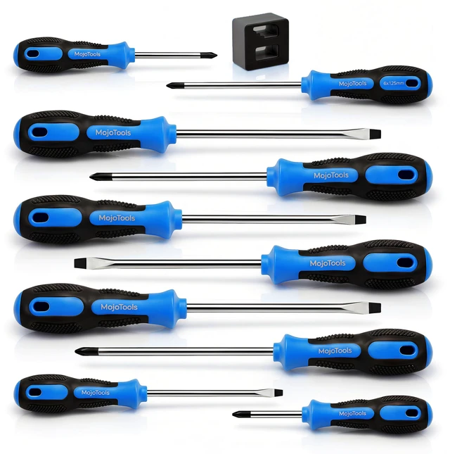 Main image of 10-Piece Magnetic Screwdriver Set with Magnetizer/Demagnetizer, CR-V Steel, Phillips & Slotted, Hex Bolster Anti-Roll/Wrench Assist, Sizes Marked, EVA Zipper Pouch w/Securing Straps