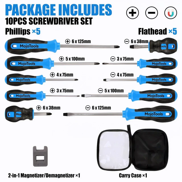 Alt view image 2 of 7 - 10-Piece Magnetic Screwdriver Set with Magnetizer/Demagnetizer, CR-V Steel, Phillips & Slotted, Hex Bolster Anti-Roll/Wrench Assist, Sizes Marked, EVA Zipper Pouch w/Securing Straps