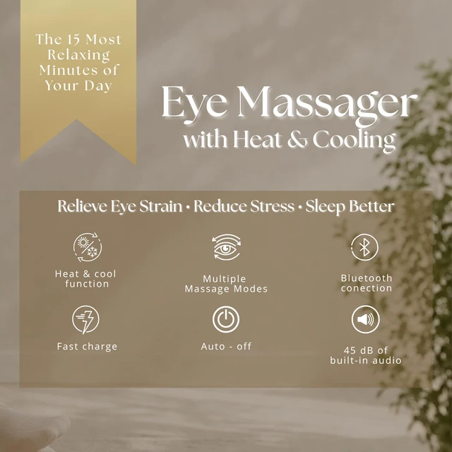 Alt view image 3 of 3 - Smart Eye Massager with Heat & Cooling, White | 14-Point Deep Massage, Compression & Bluetooth Music, Relieves Migraines, Eye Strain & Puffiness, Improves Sleep