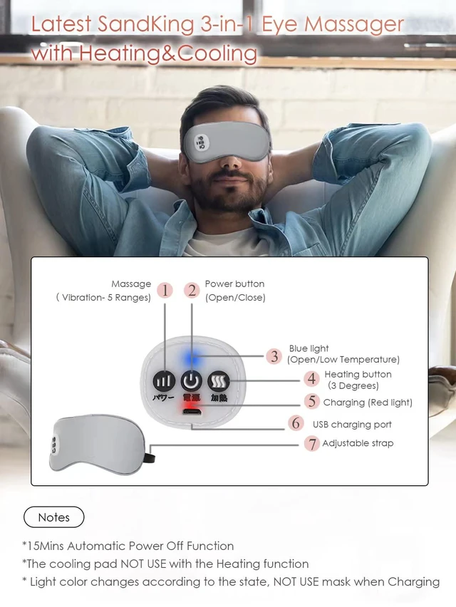 Alt view image 3 of 7 - Cordless Heated Eye Massager with Cooling Eye Pad, Vibrating Heating Sleeping Mask for Men Women Kids -USB Charing Heated Eye Mask Electric for Dry Eyes, Relax,Travel (Blue)