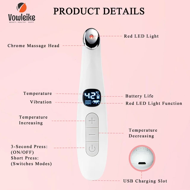 Alt view image 4 of 7 - Heated Eye Wand, 3-in-1 Vibrating Eye Lift Wand, White | 98°F-113°F Customizable Temperature Under Eye Massager Wand, LCD Display, For Tired Eyes and Puffiness