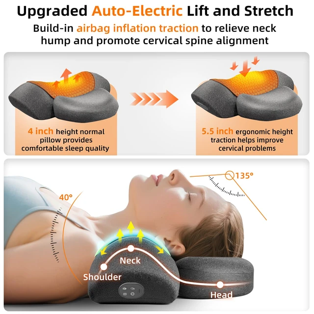 Alt view image 3 of 7 - Cordless Heated Neck Massager Pillow for Pain Relief Deep Tissue | 3-in-1 Rechargeable Neck Cervical Traction Device with Heat, Massage, Electric Stretch, Ergonomic Shoulder Relaxer,Grey