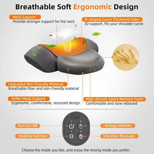 Alt view image 6 of 7 - Cordless Heated Neck Massager Pillow for Pain Relief Deep Tissue | 3-in-1 Rechargeable Neck Cervical Traction Device with Heat, Massage, Electric Stretch, Ergonomic Shoulder Relaxer,Grey