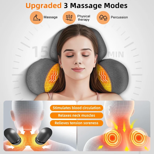 Alt view image 4 of 7 - Cordless Heated Neck Massager Pillow for Pain Relief Deep Tissue | 3-in-1 Rechargeable Neck Cervical Traction Device with Heat, Massage, Electric Stretch, Ergonomic Shoulder Relaxer,Grey