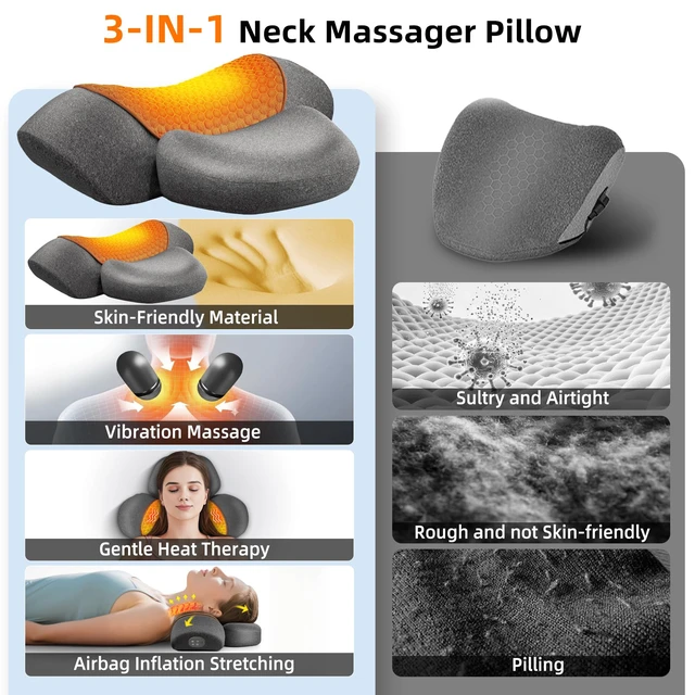 Alt view image 7 of 7 - Cordless Heated Neck Massager Pillow for Pain Relief Deep Tissue | 3-in-1 Rechargeable Neck Cervical Traction Device with Heat, Massage, Electric Stretch, Ergonomic Shoulder Relaxer,Grey
