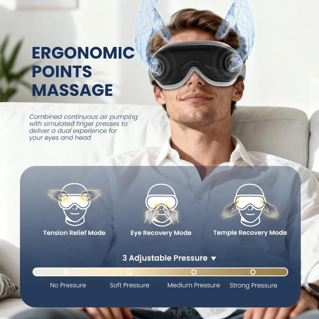 Alt view image 3 of 7 - Eye Massager with Heat and Cooling, Black Massaging Eye Mask | Vibration & Compression, Massager For Migraines, Dry Eye Strain Relief, Sleep, FSA-HSA Eligible, Gifts for Women & Men