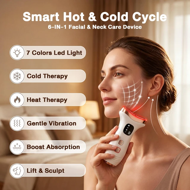 Alt view image 2 of 7 - Facial Massager for Face & Neck, 7-in-1 Gua Sha Beauty Wand | Cold & Heat Therapy | 7 Color LED Light & Vibration | Depuffing & Sculpting Skincare Tool for Face, Neck | Gift for Women