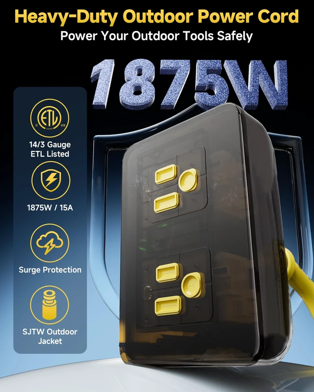 Alt view image 2 of 7 - Outdoor Extension Cord, 15 Ft Outdoor Power Strip with Surge Protector, 1875W/15A, IP66 Waterproof, Heavy Duty Extension Cord with Multiple Outlets for Patio, Garden, Pool, RV