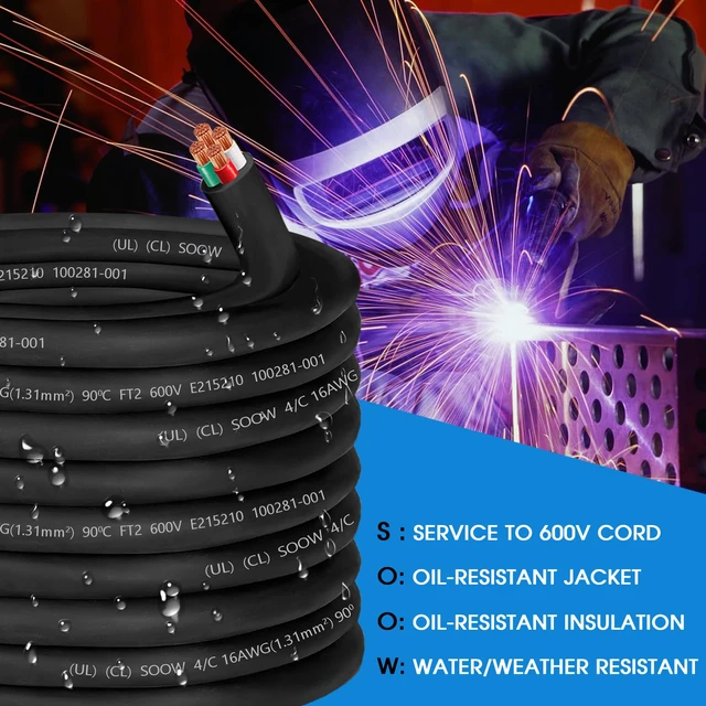 Alt view image 4 of 7 - 100ft 16/4 SOOW Cable 16AWG Portable Power Cable,10A 16/4 SO Cord SOOW Wire | 600V 16 Gauge 4 Conductor Wire Extension Cord for Portable Light,Outdoor Speaker,Small Machinery,HAVC System