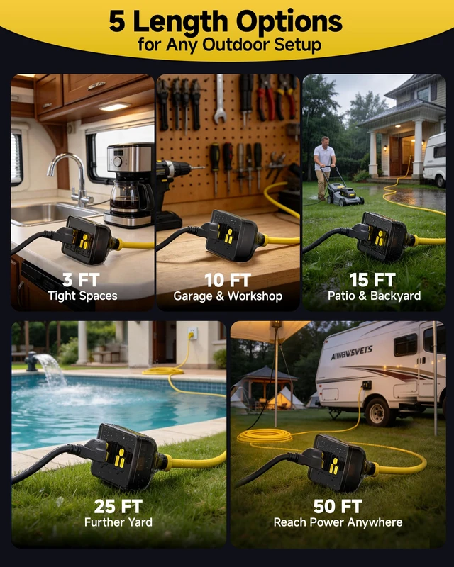 Alt view image 6 of 7 - Outdoor Extension Cord, 15 Ft Outdoor Power Strip with Surge Protector, 1875W/15A, IP66 Waterproof, Heavy Duty Extension Cord with Multiple Outlets for Patio, Garden, Pool, RV