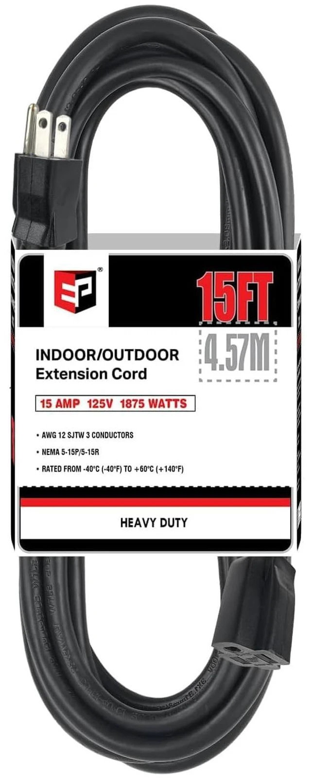 Main image of 15 Ft Heavy Duty Outdoor Extension Cord, 12/3 SJTW Black 3-Prong | 12 AWG 3-Wire Grounded Plug | Indoor & Outdoor | Lawn, Garden & Appliance Use