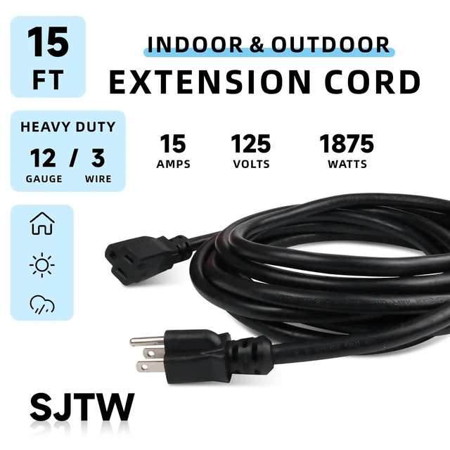 Alt view image 2 of 7 - 15 Ft Heavy Duty Outdoor Extension Cord, 12/3 SJTW Black 3-Prong | 12 AWG 3-Wire Grounded Plug | Indoor & Outdoor | Lawn, Garden & Appliance Use