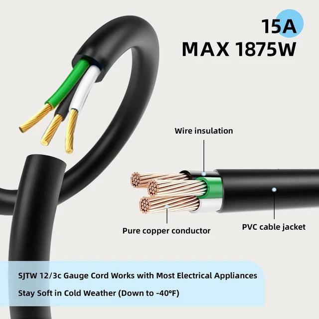 Alt view image 6 of 7 - 15 Ft Heavy Duty Outdoor Extension Cord, 12/3 SJTW Black 3-Prong | 12 AWG 3-Wire Grounded Plug | Indoor & Outdoor | Lawn, Garden & Appliance Use