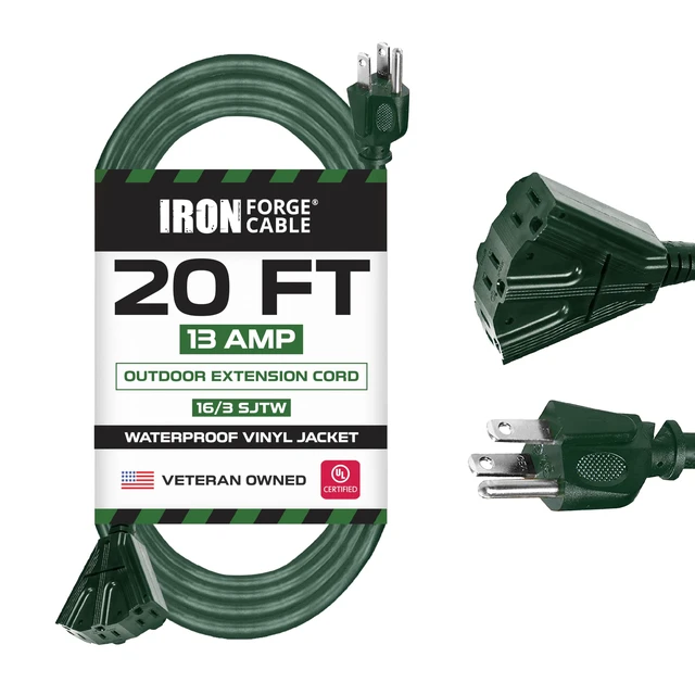 Main image of Forge Cable 16 Gauge Green Extension Cord Multi Outlet, 20 Ft - SJTW | 16/3 SJTW Cable, 3 Grounded Outlets, Lighted End, 3 Prong Plug, 13 Amp - For Landscaping, Holiday Lights, Appliances