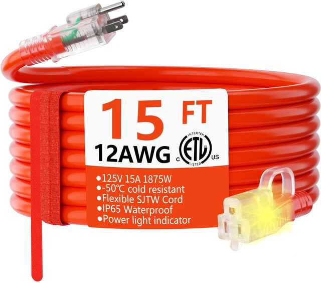 Main image of 12 Gauge Heavy Duty Outdoor Extension Cord 15FT Waterproof Orange | 15 Foot 12 Gauge Outdoor Extension Cord with Lighted, Heavy Duty Extension Cord Waterproof with Hook, 15A 1875W 125V, ETL