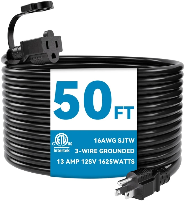 Main image of 50 Feet Outdoor Extension Cord, SJTW 16AWG/13A Grounded Outlet Cord | NEMA 5-15P to NEMA 5-15R, Heavy Duty Power Cord For Home Office Use, ETL Listed