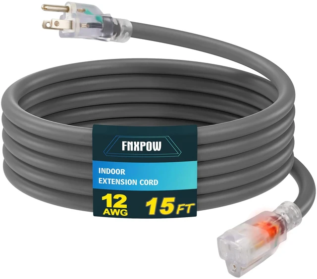Main image of Indoor Outdoor Extension Cord, 12 Gauge 3 Prong Weatherproof Heavy Duty Gray Extension Cord with Lighted Indicator End, SJTW 15A 15FT Extension Cable for Garage, Garden and Home, UL Listed